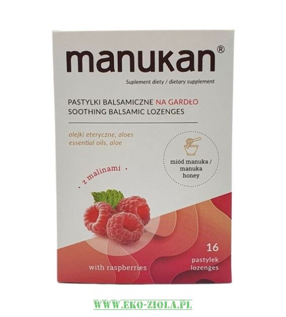 Manukan MALINOWY tabletki na gardło z miodem Manuka 280mg 16tabl do ssania