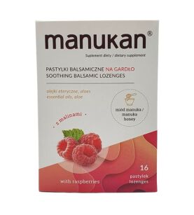 Manukan MALINOWY tabletki na Gardło z miodem Manuka 280mg 16tabl do ssania
